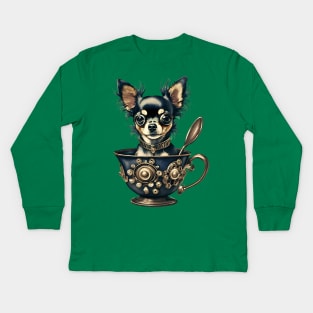 Steampunk Chihuahua in a tea cup Kids Long Sleeve T-Shirt